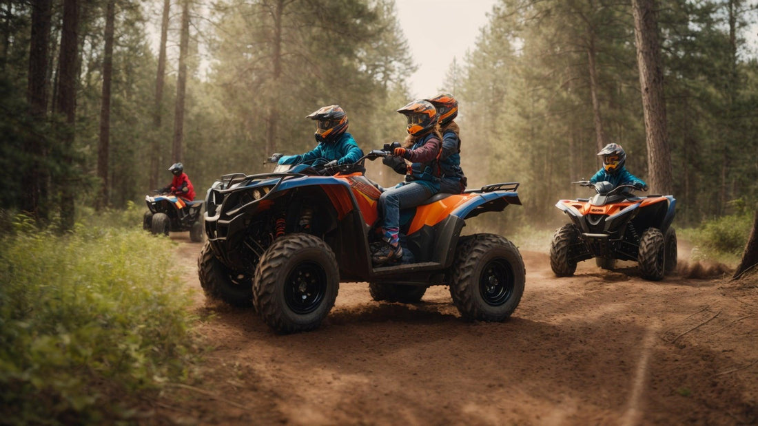 Family riding gas-powered ATVs in forest, kids and adults wearing helmets on trail
