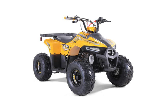 Yellow 110cc kids ATV with large off-road tires on white background