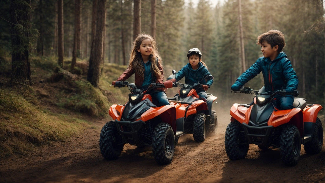 Kids riding orange gas-powered ATVs on a forest trail, youth all-terrain vehicles outdoors