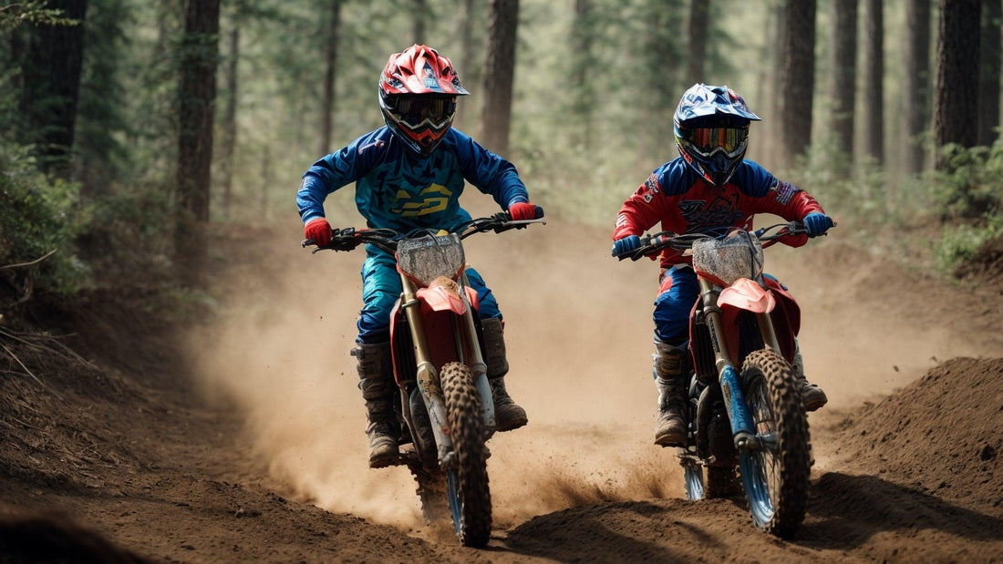 Kids riding gas-powered dirt bikes on a forest trail, wearing helmets and motocross gear