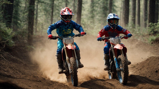 Kids riding gas-powered dirt bikes on a forest trail, wearing helmets and motocross gear