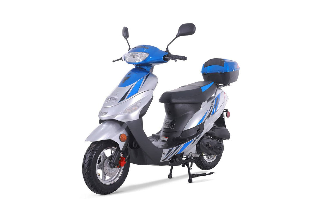 Blue and silver gas powered motor scooter with storage box on white background