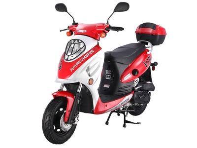 Red and white gas-powered scooter with storage box, side stand, and rearview mirrors