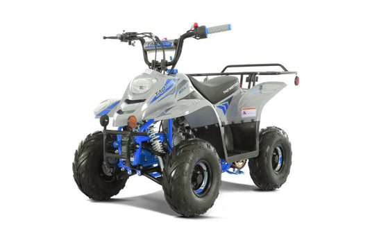 Gray and blue gas-powered kids ATV with chunky tires, ideal for beginners and outdoor fun.