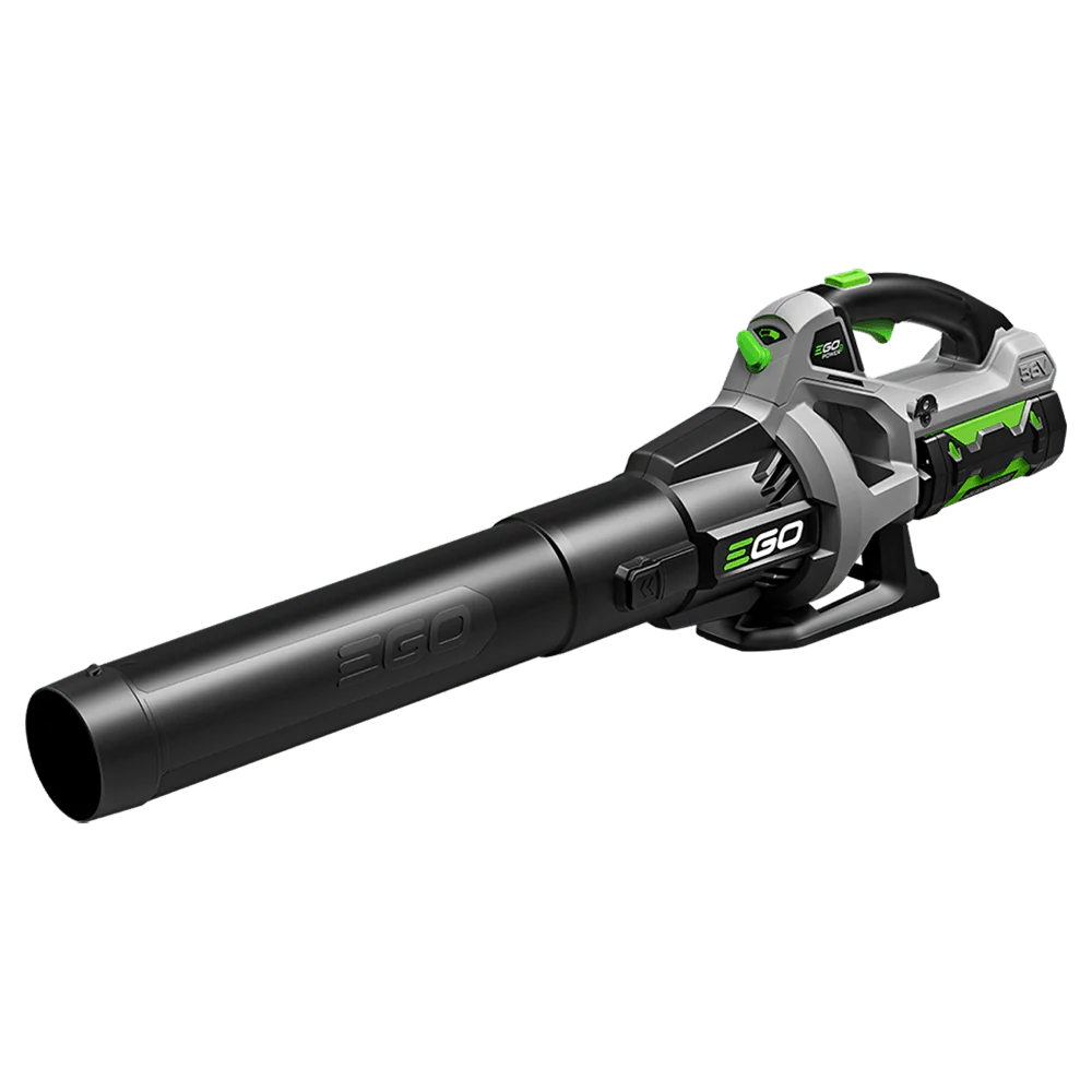 Cordless battery-powered leaf blower with gray and green design on plain background
