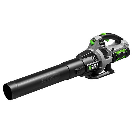 Cordless battery-powered leaf blower with gray and green design on plain background