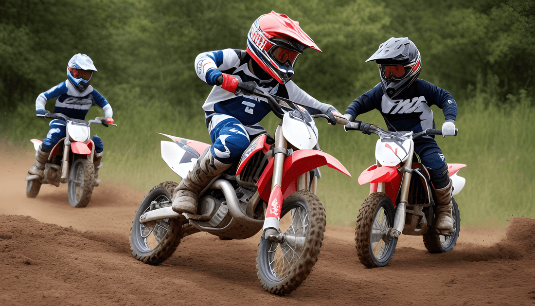 Kids riding gas-powered youth dirt bikes on a dirt trail in outdoor setting