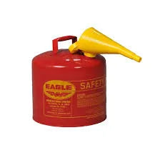 Red metal gasoline safety can with yellow funnel for ATV or dirt bike refueling