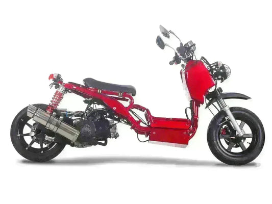 Red 150cc Maddog scooter with exposed frame, dual rear shocks, and chrome exhaust on white background