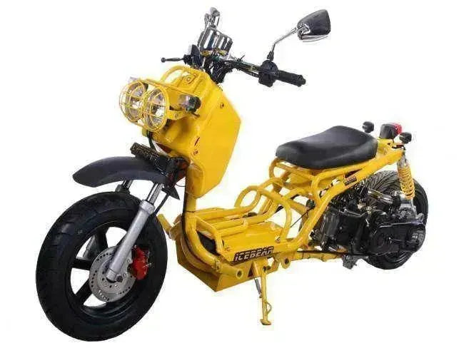 Yellow Icebear Maddog 150cc scooter with dual headlights and exposed frame, side view