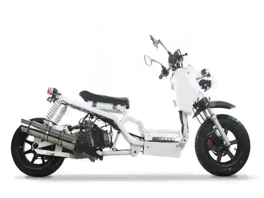 White 50cc Maddog scooter with exposed frame, dual rear shocks, side view on white background