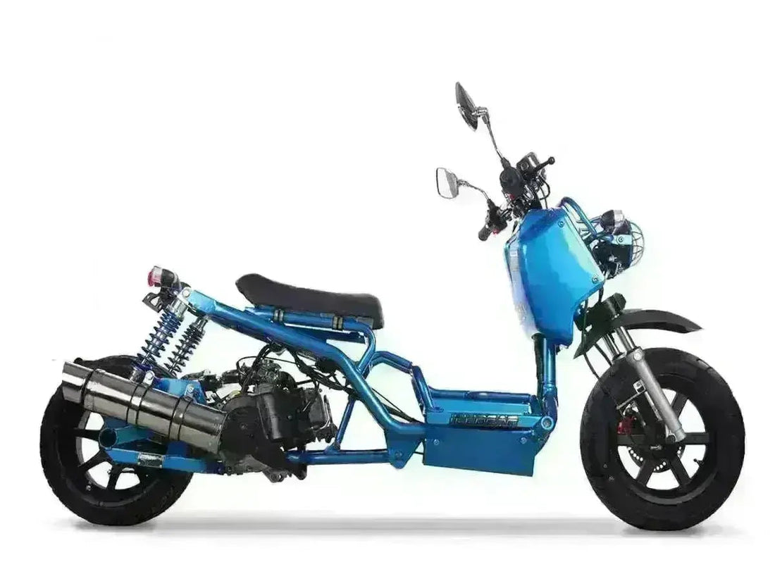 Blue 50cc Maddog scooter with exposed frame, dual shocks, and modern headlight, side view