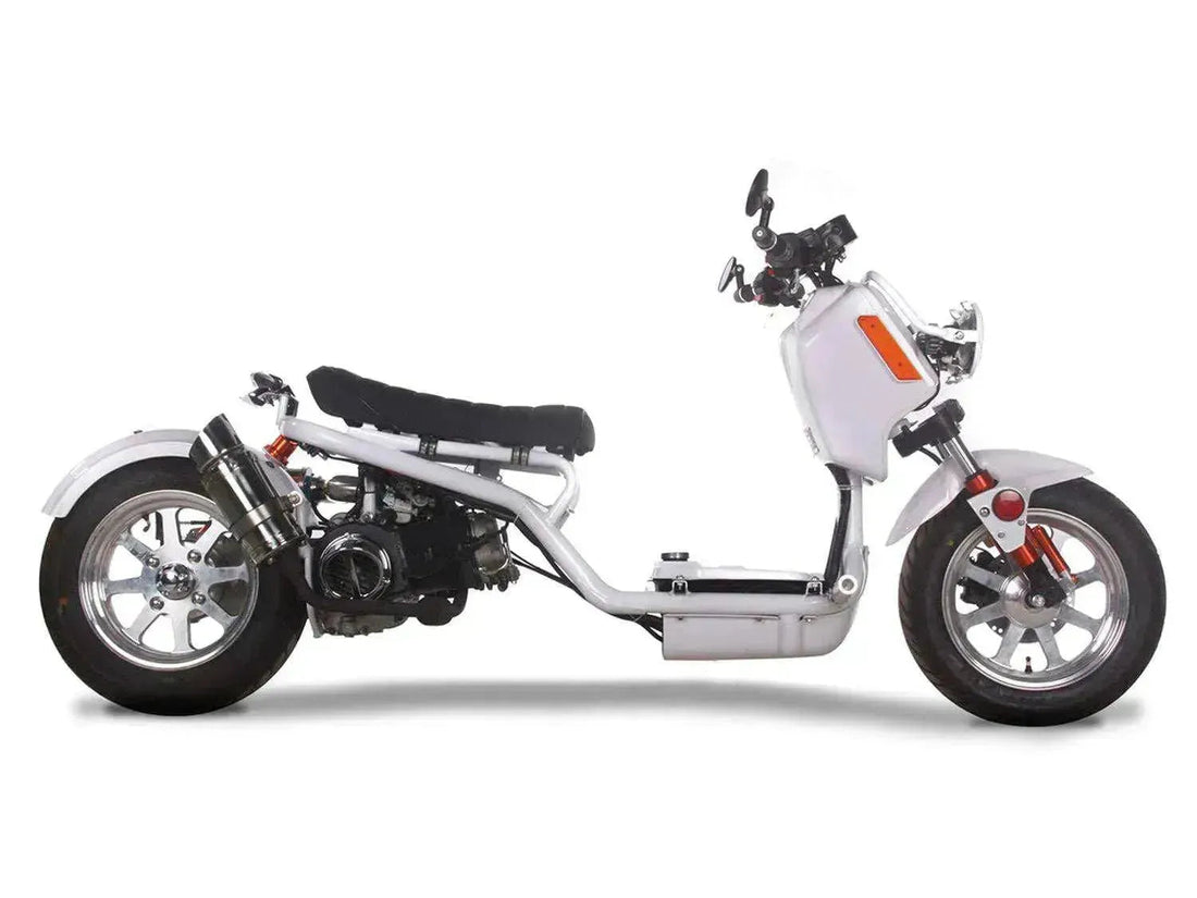 White 150cc scooter with exposed frame and chrome wheels on white background