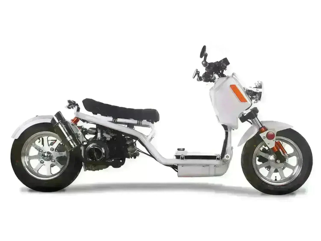 White Maddog 150cc scooter with chrome wheels, showcased on a plain background at Q9 PowerSports USA