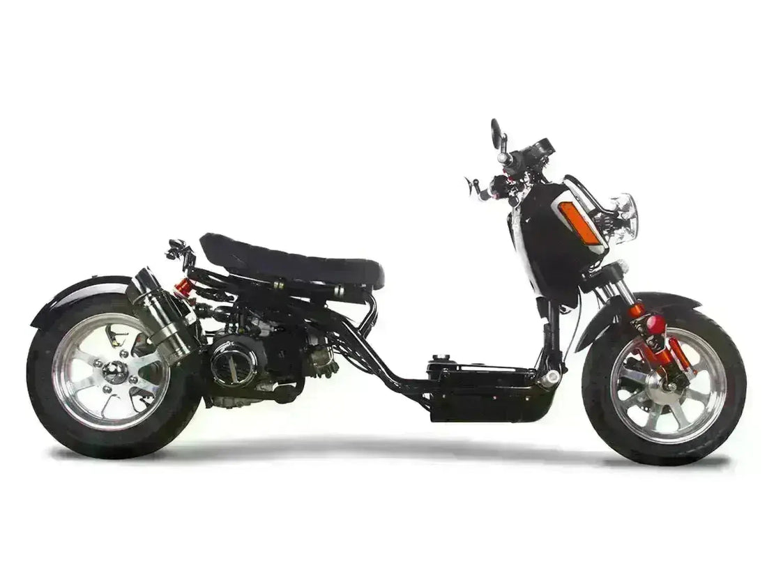 Black Gen 4 50cc scooter with low seat and silver wheels on white background