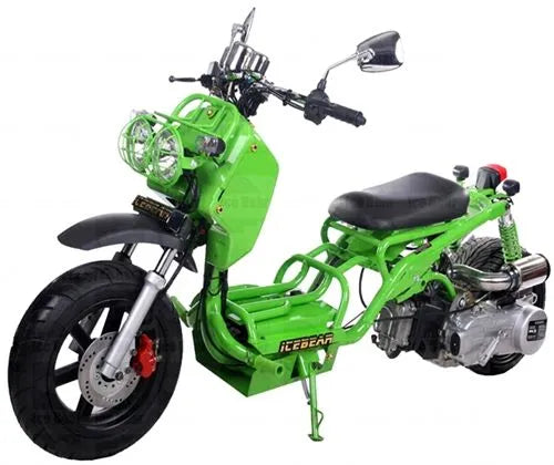 Green gas-powered scooter with exposed frame, thick tires, and ICEBEAR logo on side