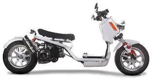 White 50cc Maddog Gen 4 scooter with exposed frame and sporty design, side view