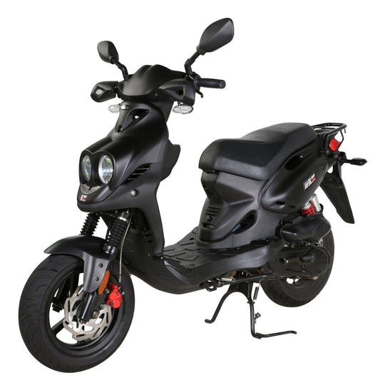 Black motor scooter with dual headlights, disc brake, and rear rack on white background