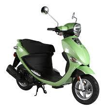 Green gas-powered scooter with black seat and silver wheels on white background