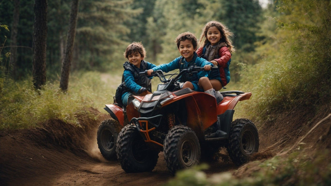Three children riding a youth ATV on a dirt trail in the woods, smiling and having fun outdoors
