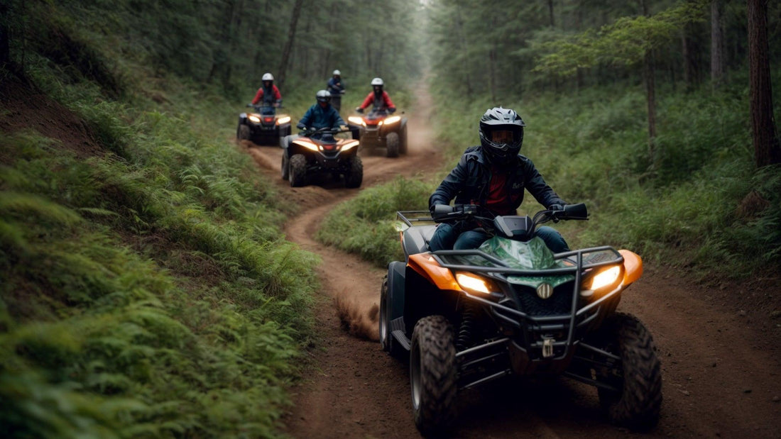 Group riding ATVs on a forest trail, off-road adventure, helmets, dirt path