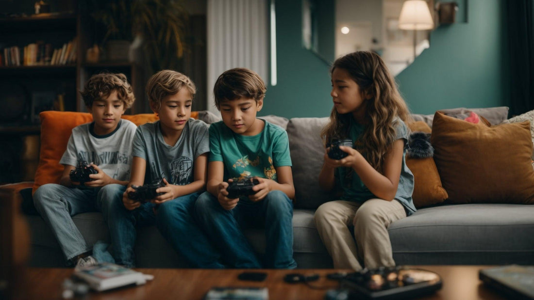 Four kids sitting on a sofa indoors playing video games, highlighting screen time for children.