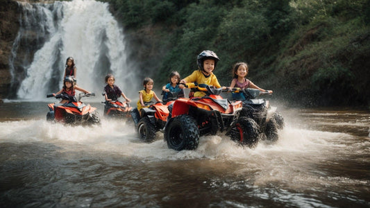 Kids riding ATVs through water near a waterfall in an outdoor adventure setting