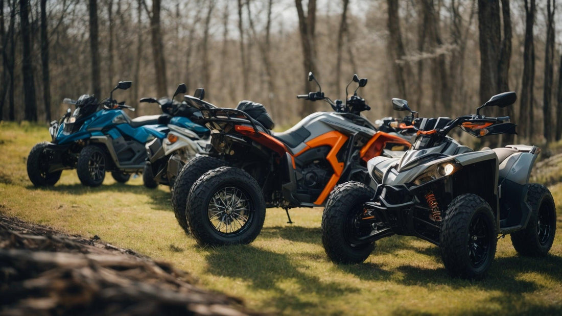 Four ATVs parked on grass in a wooded outdoor setting ready for spring riding