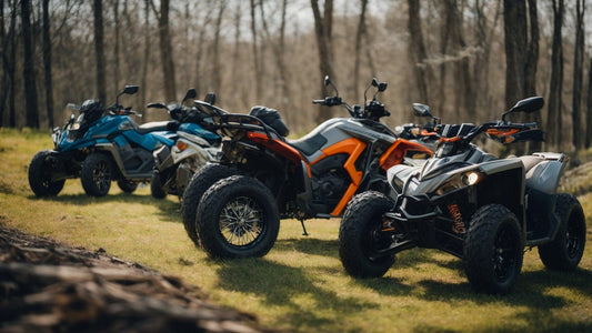 Four ATVs parked on grass in a wooded outdoor setting ready for spring riding
