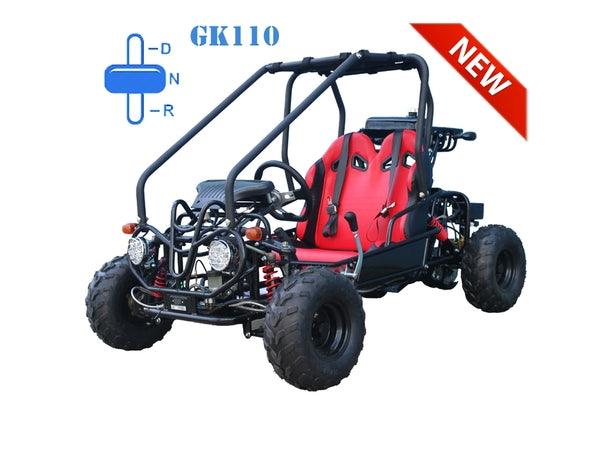 GK110 kids go-kart with roll cage, off-road tires, and red seats, suitable for beginners.