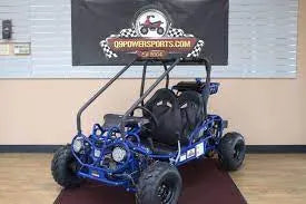 Blue off-road go-kart with roll cage and dual seats on showroom floor