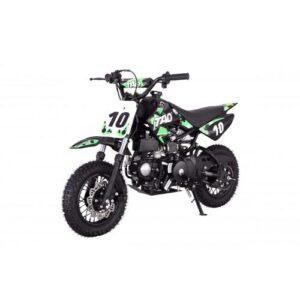 Green and black 110cc kids dirt bike with number 10 graphics, off-road tires