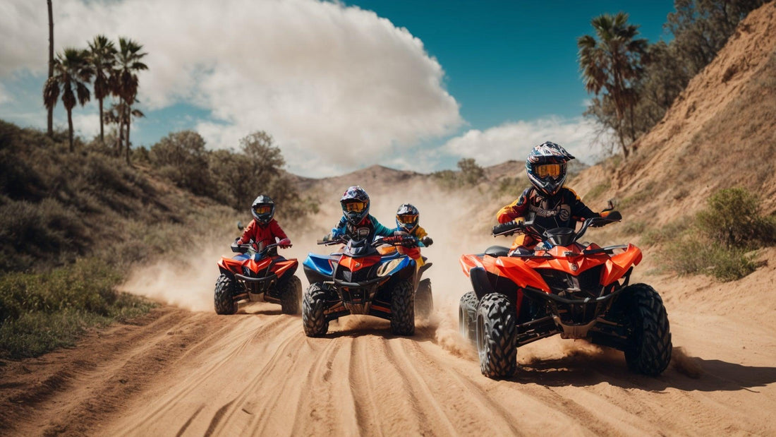Kids riding gas powered ATVs on a dirt trail outdoors, wearing helmets and safety gear