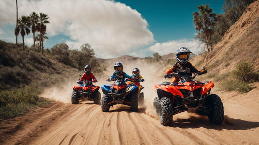 Kids riding gas powered ATVs on a dirt trail outdoors, wearing helmets and safety gear