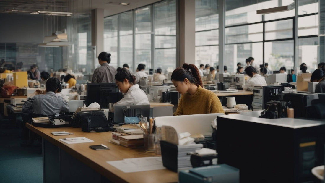 Open office with employees working at desks, computers and paperwork visible, modern workspace