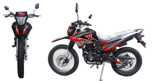 Black and red 250cc dirt bike motorcycle, front and side view, off-road tires, sporty design