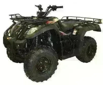 250cc utility ATV with rugged tires, black body, front and rear cargo racks, indoor studio view