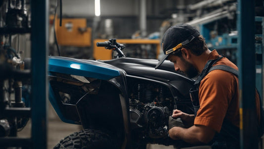 Technician repairing a blue four-wheeler ATV in a workshop setting