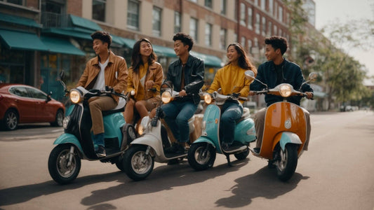 Group of young adults riding colorful gas-powered scooters on a city street
