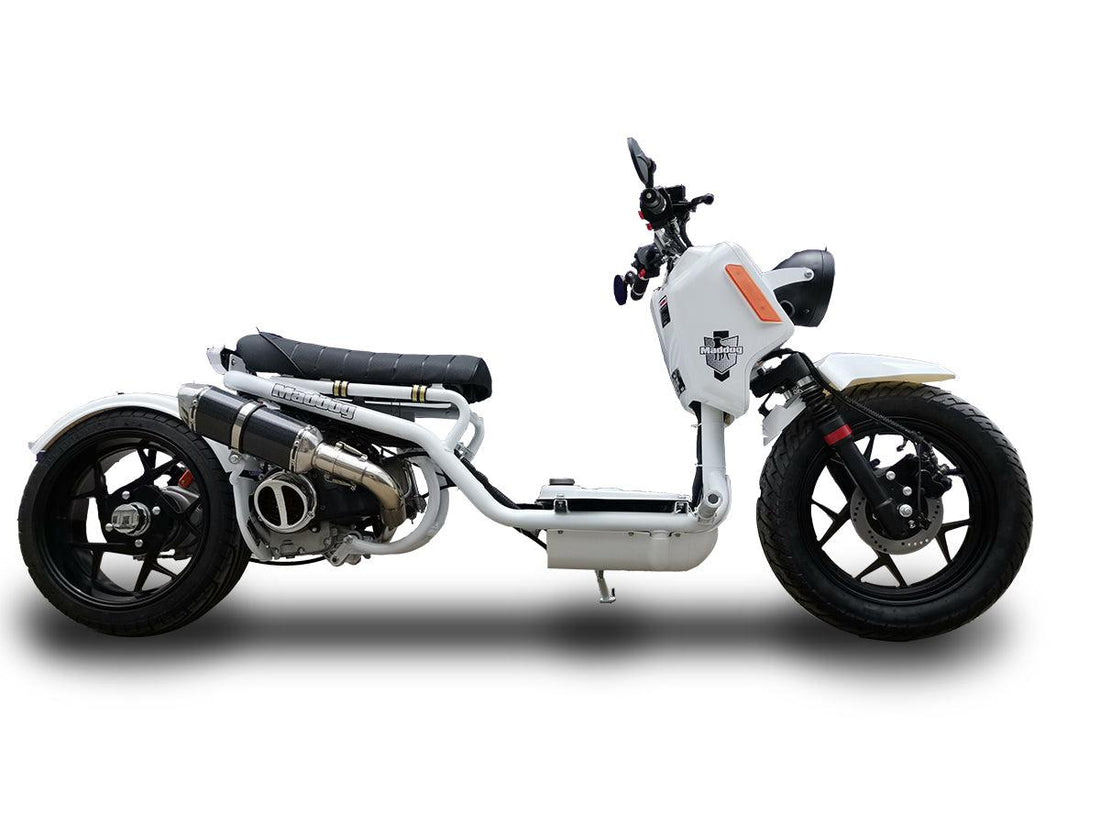 White 50cc Ruckus-style scooter with black seat and exposed exhaust, isolated on white