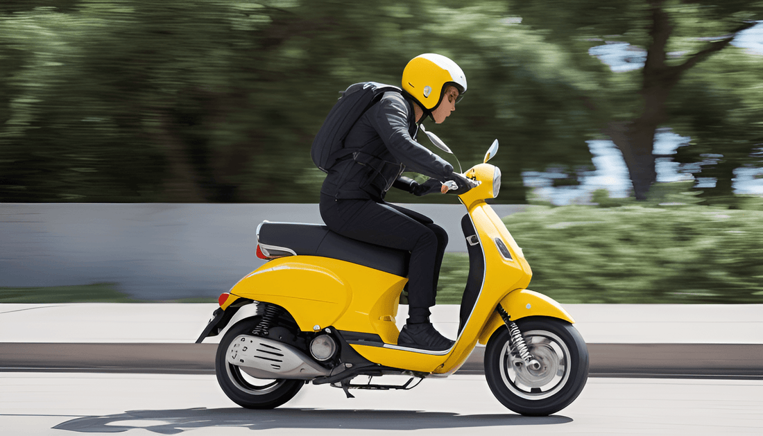 Person riding a yellow scooter with helmet and backpack outdoors on a sunny day