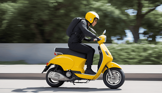 Person riding a yellow scooter with helmet and backpack outdoors on a sunny day