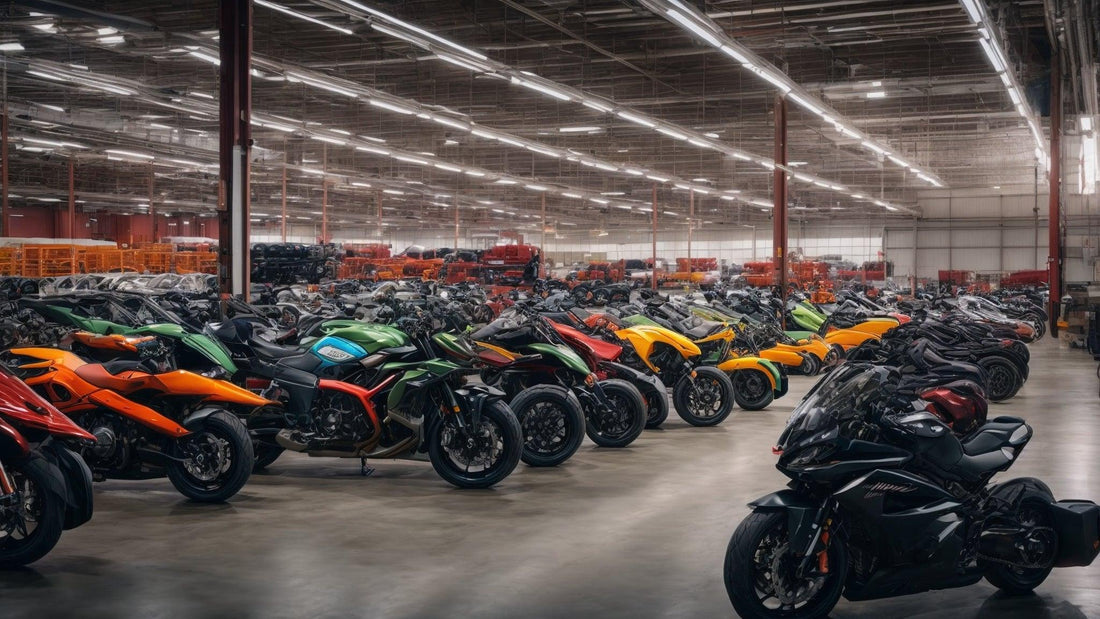 Warehouse with rows of colorful ATVs and motorcycles for sale under bright lighting