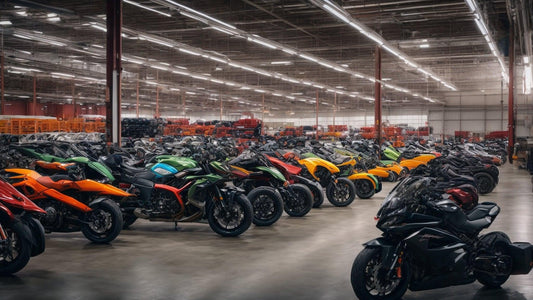Warehouse with rows of colorful ATVs and motorcycles for sale under bright lighting