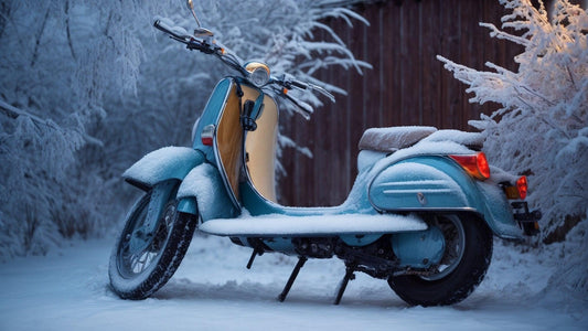 Blue motor scooter parked outdoors covered in snow during winter, surrounded by frosty trees