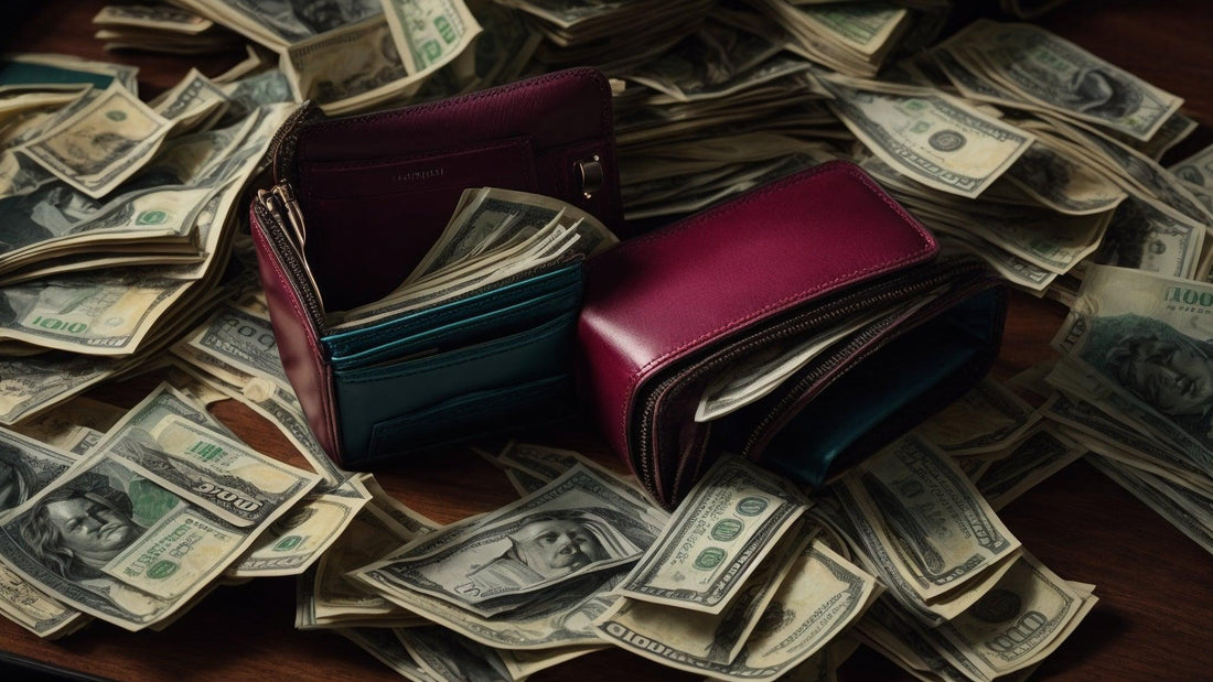 Stacks of cash with wallets on a wooden table, symbolizing rising 2024 living costs