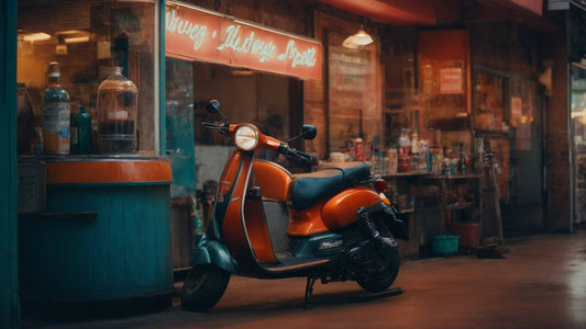 Orange and teal motor scooter parked outside a vintage repair shop, retro scooter maintenance