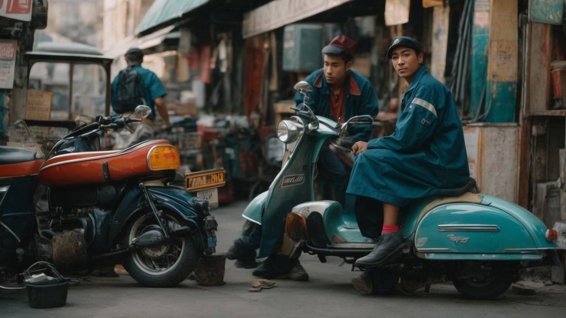 Two men in blue jackets sit on vintage motor scooters on a busy outdoor street.