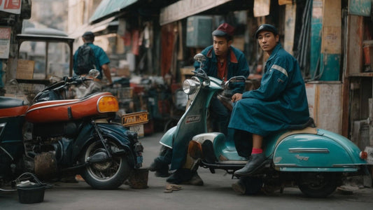 Two men in blue jackets sitting on retro motor scooters in a busy urban street
