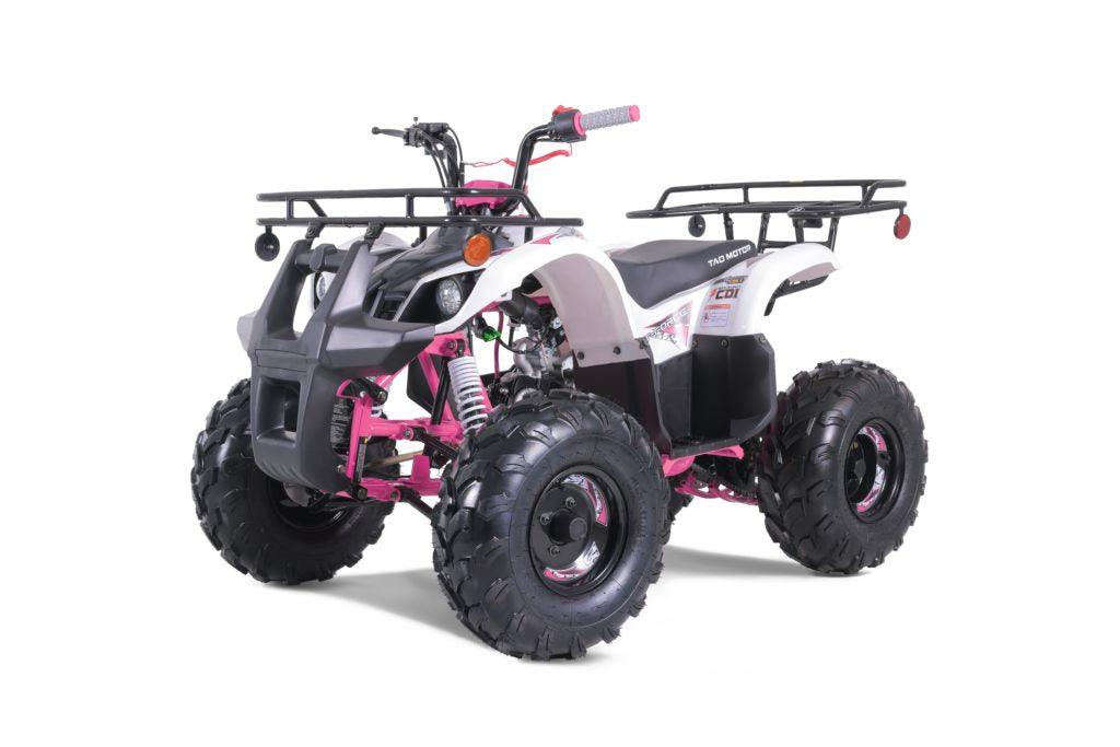 Youth gas-powered ATV with pink and white body, rugged tires, and cargo racks on white background.